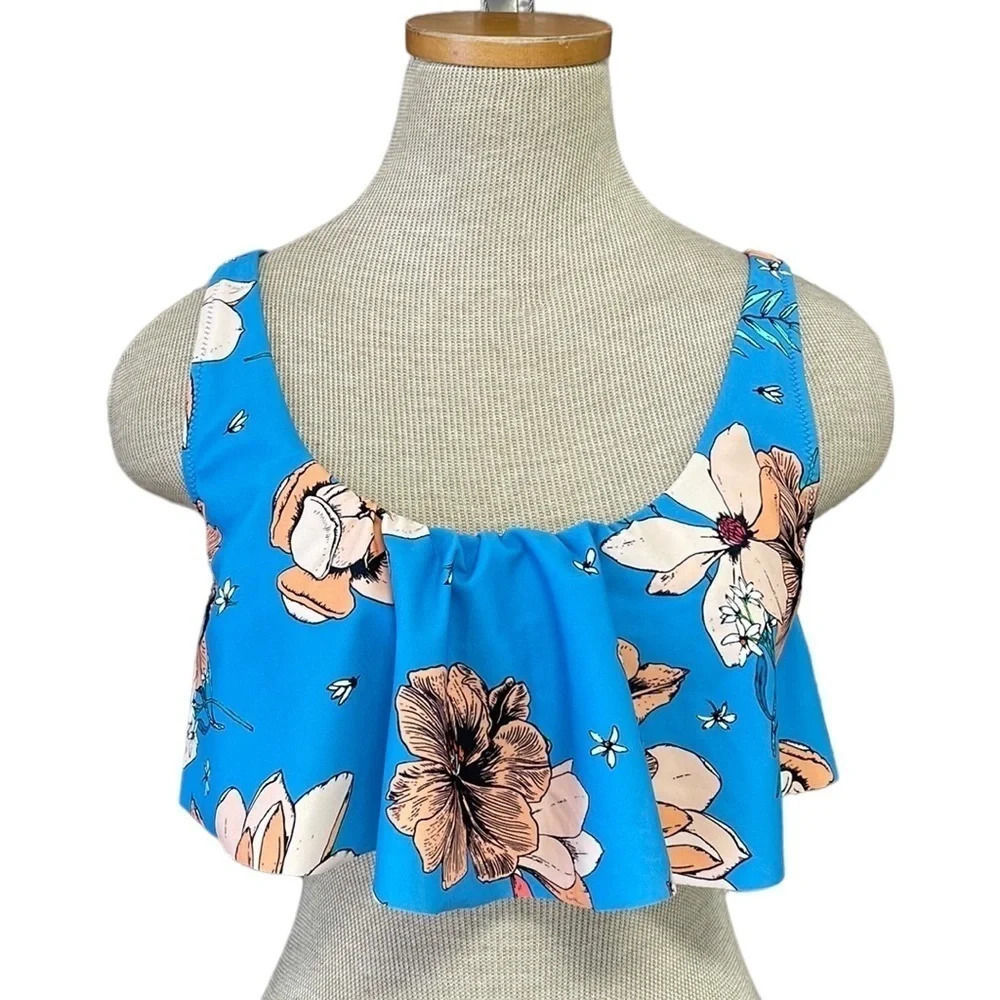 Cupshe Bikini Top Blue Pink Floral Ruffle Size Small